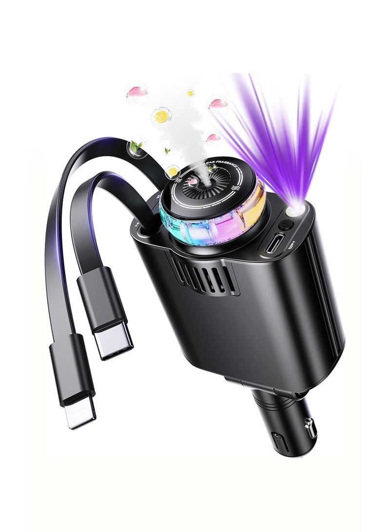 مستر سمارت شاحن سيارة 5 في 1 مع كابل قابل للسحب، شحن سريع مزدوج، موزع روائح عطرية، إضاءة LED ملونة، متوافق مع USB-C - Image 1